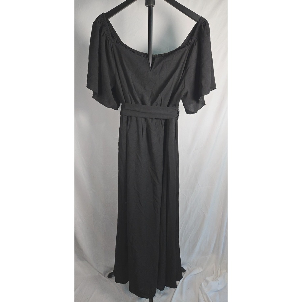 SCOMCHIC Black Off Shoulder Maxi Dress Sz 2XL Boho Flutter Sleeve Tie Waist
